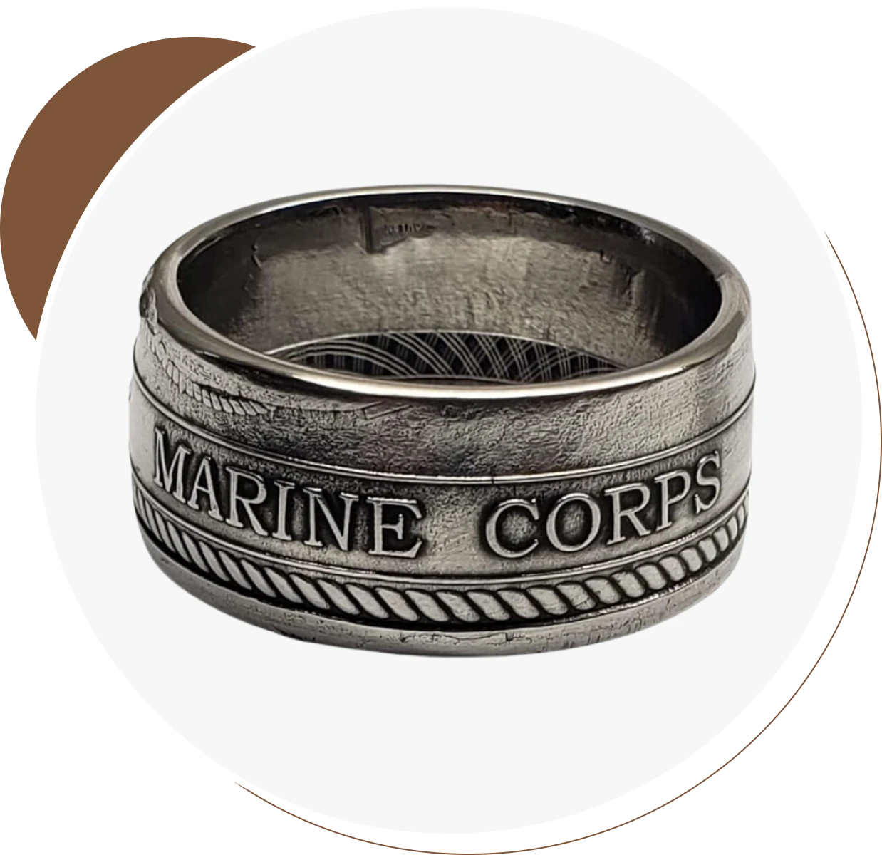 Silver ring featuring Marine Corps engraving